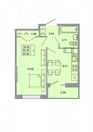1-к. квартира, 34,4 м², 8/20 эт.