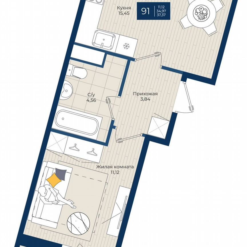 1-к. квартира, 37,4 м², 7/12 эт.