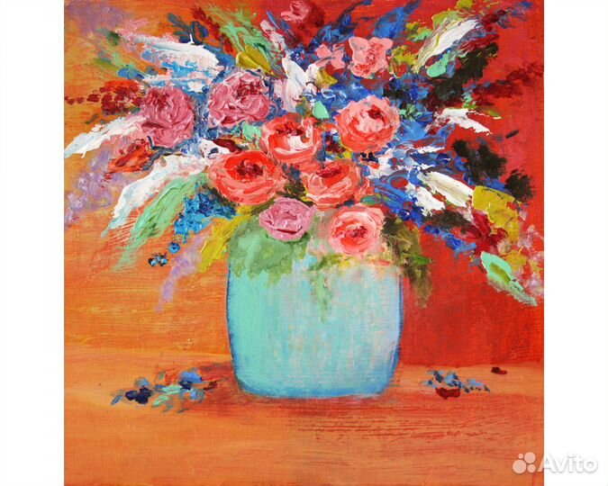 Картина розы маслом букет цветов в вазе