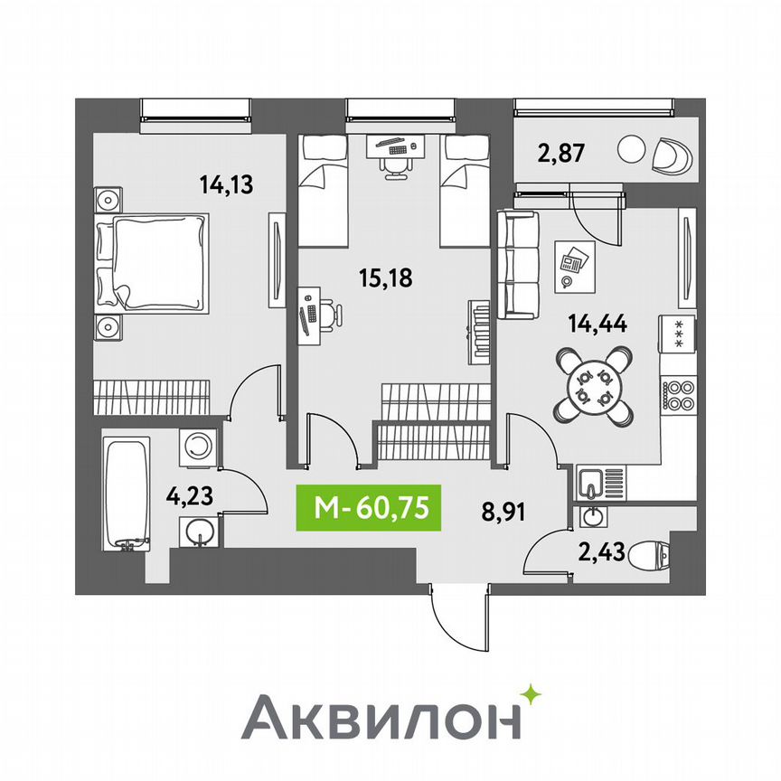 2-к. квартира, 60,8 м², 10/12 эт.