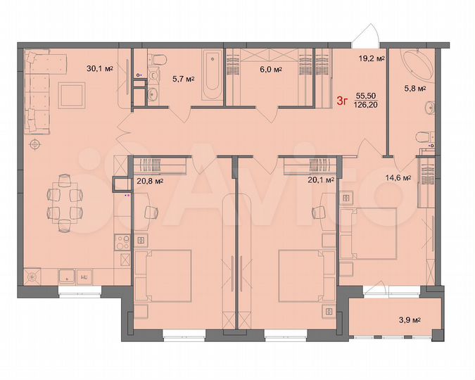3-к. квартира, 126,2 м², 3/3 эт.