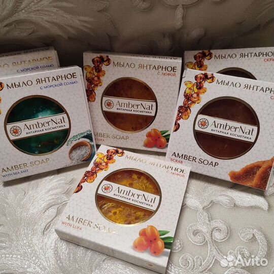 Янтарное мыло с люфой, морская соль,скраб