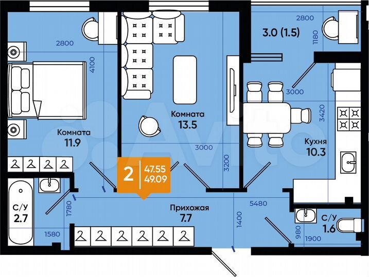 2-к. квартира, 49,1 м², 6/9 эт.