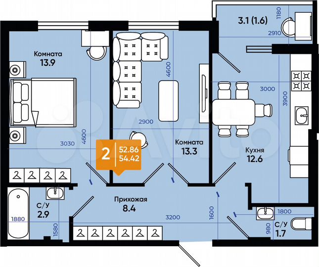 2-к. квартира, 54,4 м², 3/9 эт.
