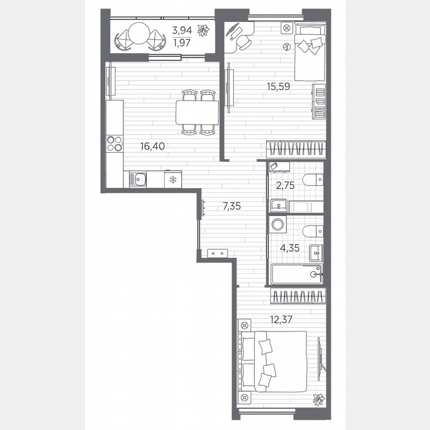 2-к. квартира, 60,8 м², 4/5 эт.