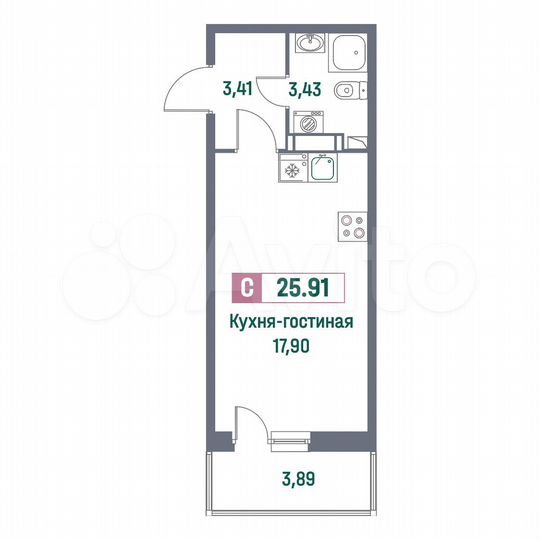 Квартира-студия, 25,9 м², 4/16 эт.