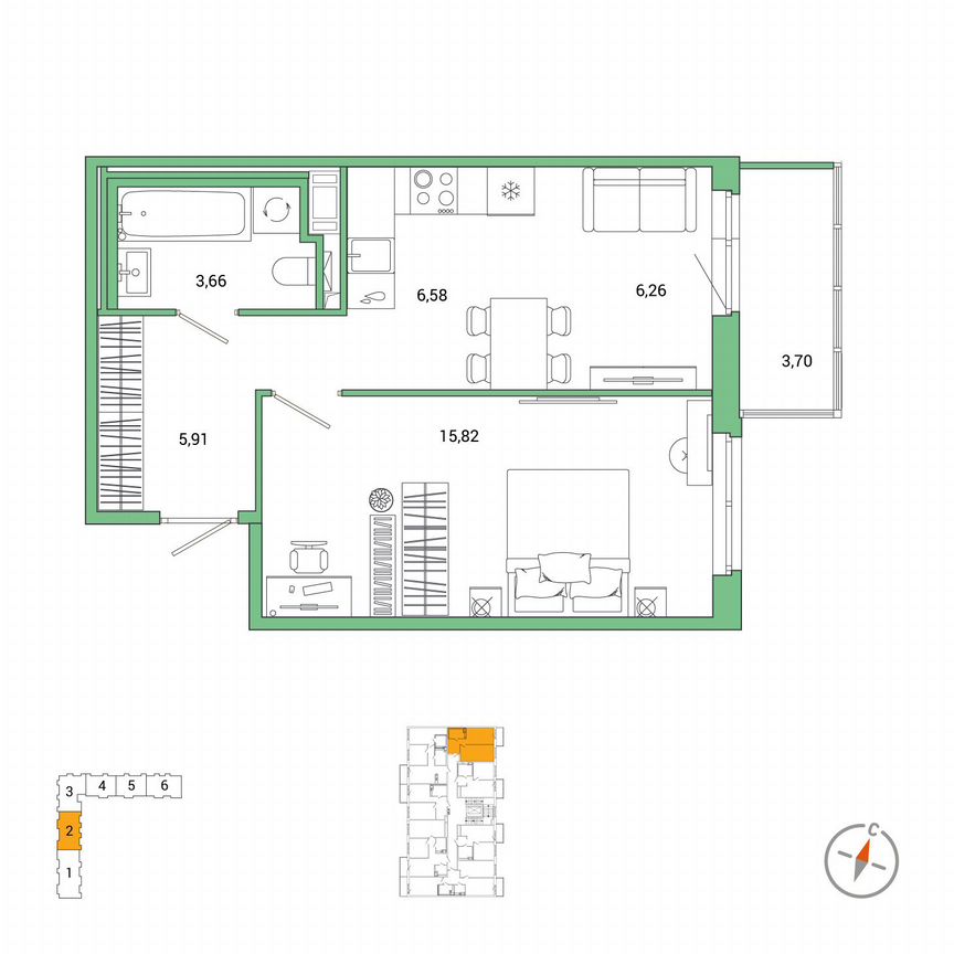 1-к. квартира, 39,3 м², 2/7 эт.