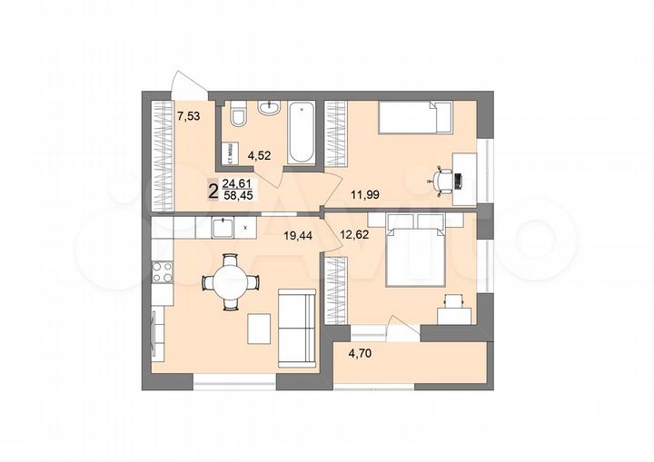2-к. квартира, 58,5 м², 1/19 эт.