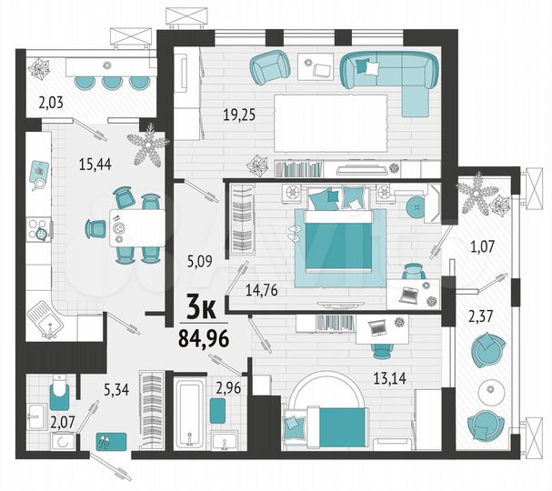 3-к. квартира, 85 м², 5/21 эт.