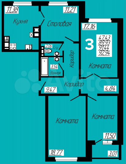 3-к. квартира, 92,7 м², 9/10 эт.