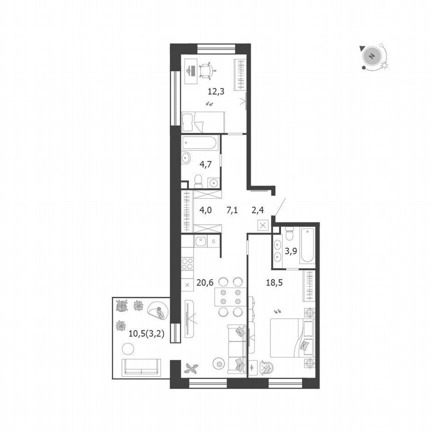 2-к. квартира, 76,7 м², 2/19 эт.