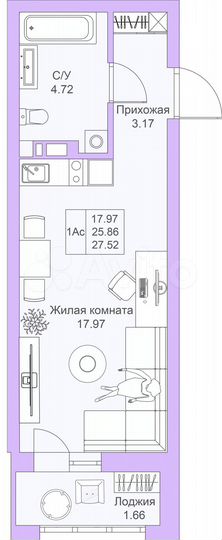 Квартира-студия, 27,5 м², 6/25 эт.