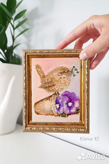 Картина маслом Миниатюра. Птичка и цветок