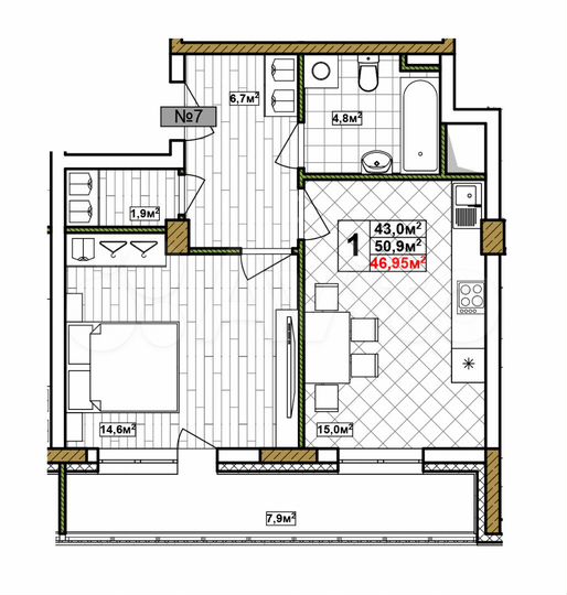 1-к. квартира, 47 м², 12/17 эт.