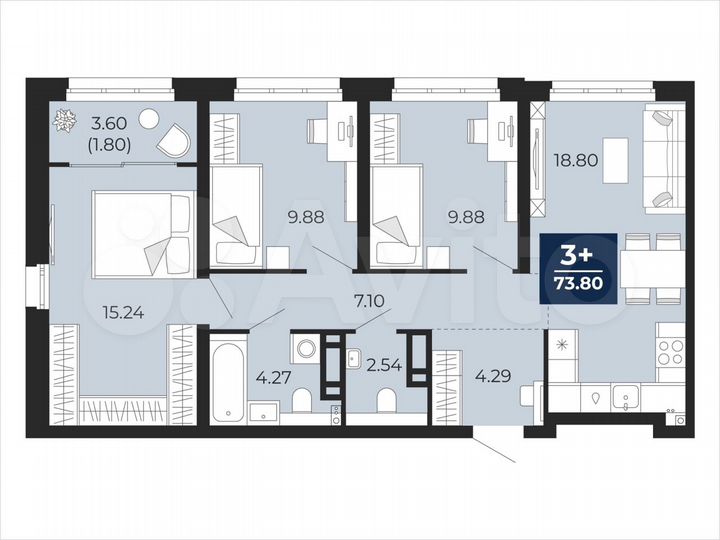 3-к. квартира, 73,8 м², 3/22 эт.