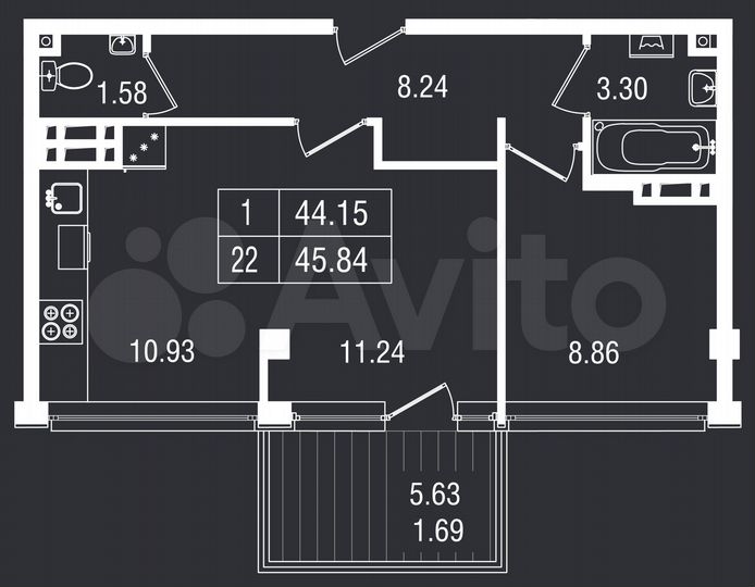 2-к. апартаменты, 45,8 м², 3/8 эт.