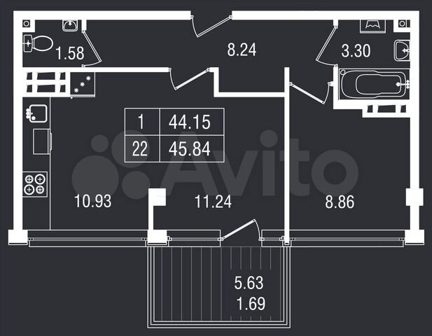 2-к. апартаменты, 45,8 м², 3/8 эт.