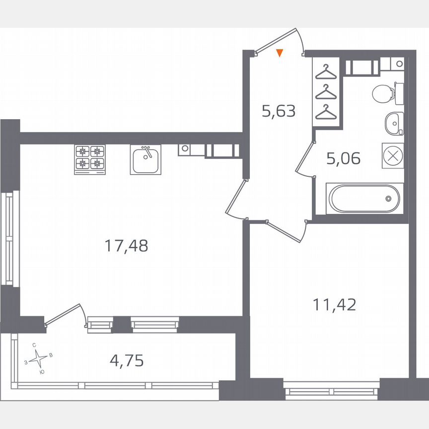 1-к. квартира, 42 м², 5/15 эт.