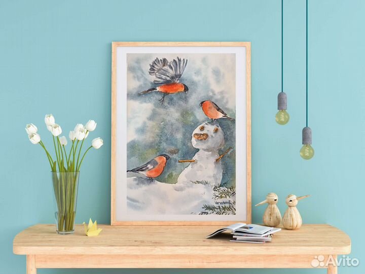 Картина акварель Снегири и Снеговик