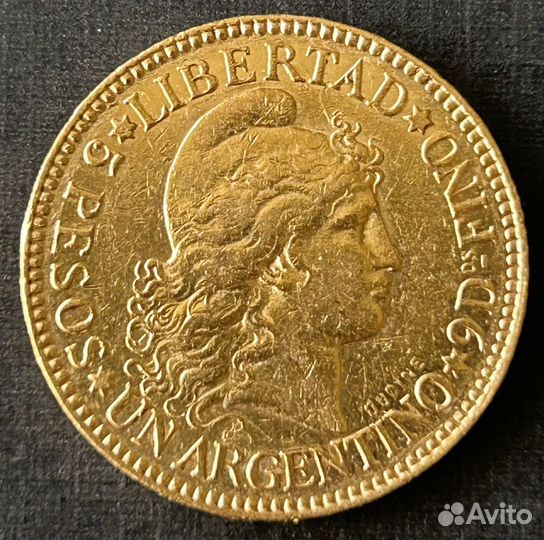 Золотая монета 5 песо аргентина 1886 год