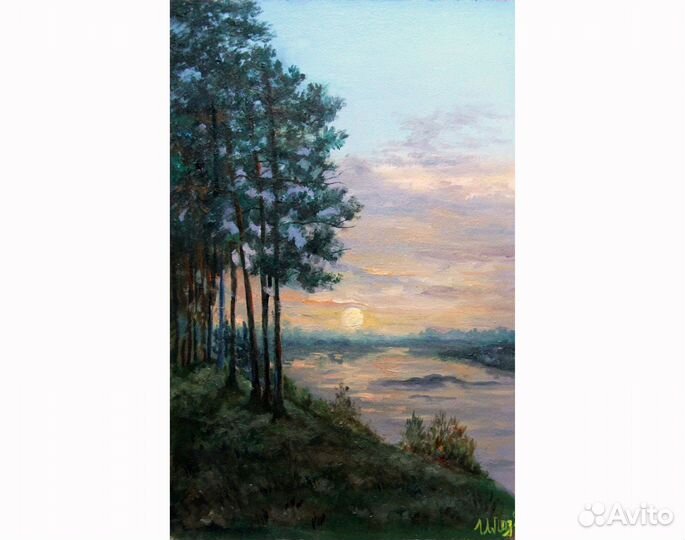 Картина лесной пейзаж маслом Закат на озере