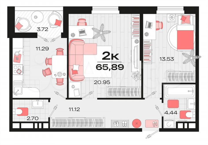 2-к. квартира, 65,2 м², 10/14 эт.