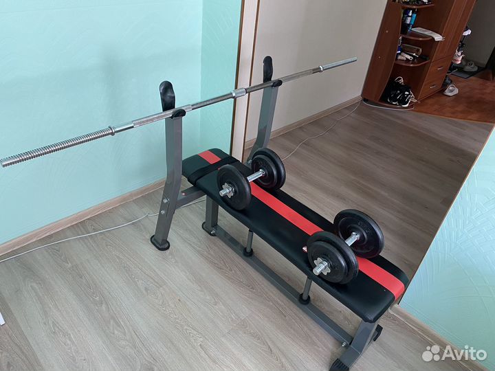 Стойка для штанги в комплекте (штанга, гантели )