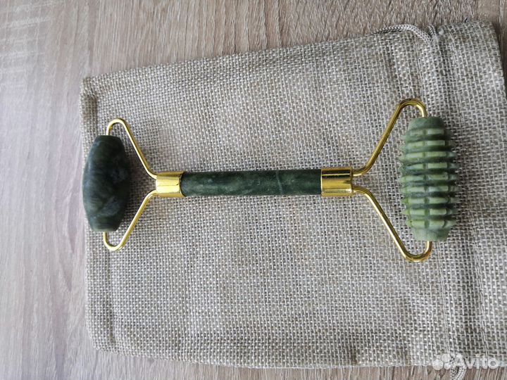 Набор массажер роллер и скребок Гуаша нефрит