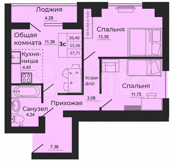 3-к. квартира, 58 м², 17/24 эт.