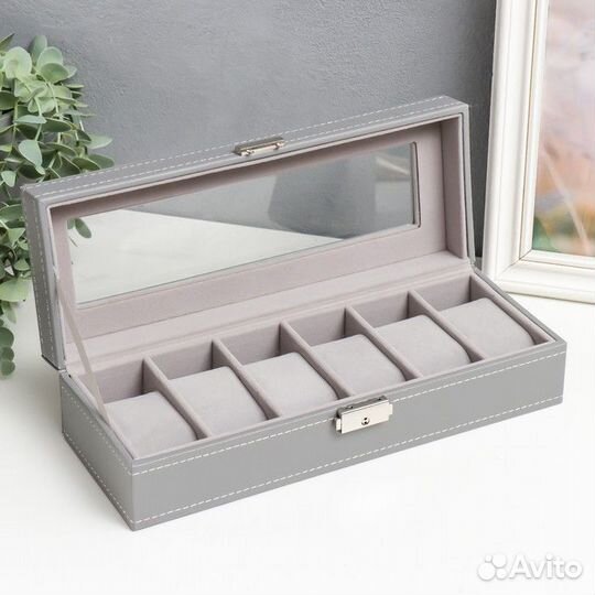 Шкатулка кожзам под часы 6 отделений 'Серая с бело