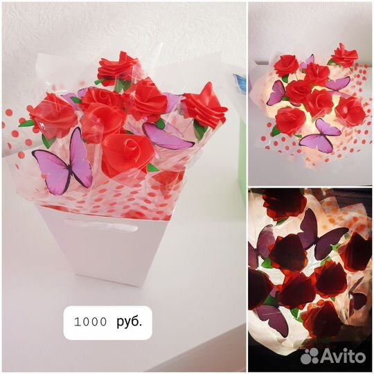 Букет из атласных роз и бабочек