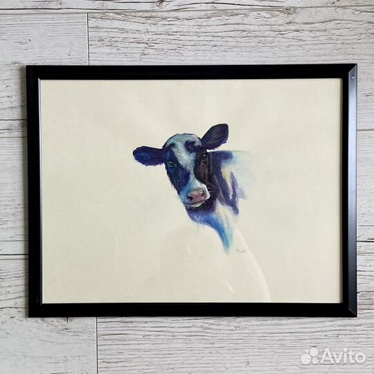 Картина акварель корова в раме
