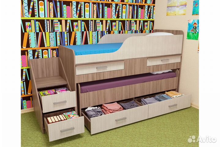 Кровать детская Лёсики двухъярусная с лесенкой, ящ