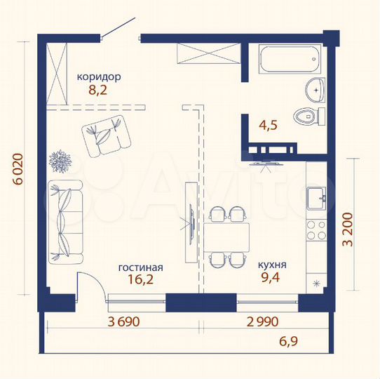 2-к. квартира, 45 м², 5/9 эт.