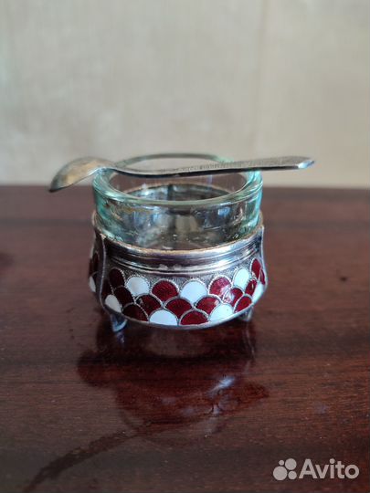 Солонка мельхиор с эмалью и ложечкой