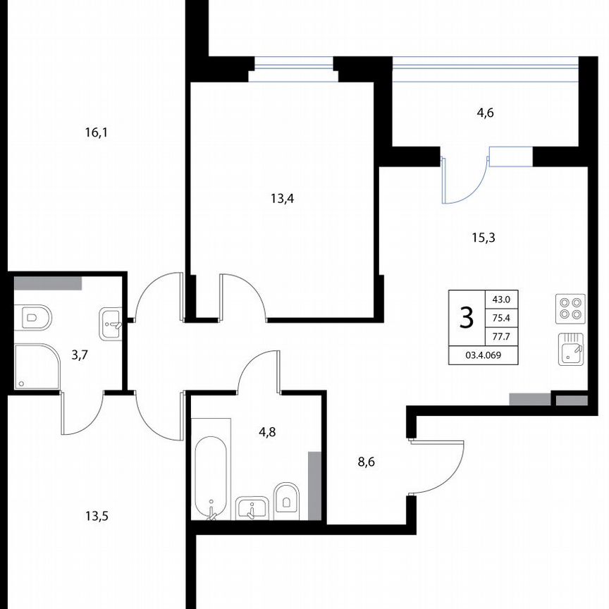 4-к. квартира, 77,7 м², 3/3 эт.