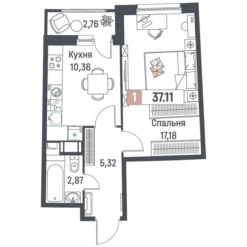 1-к. квартира, 37,1 м², 17/18 эт.