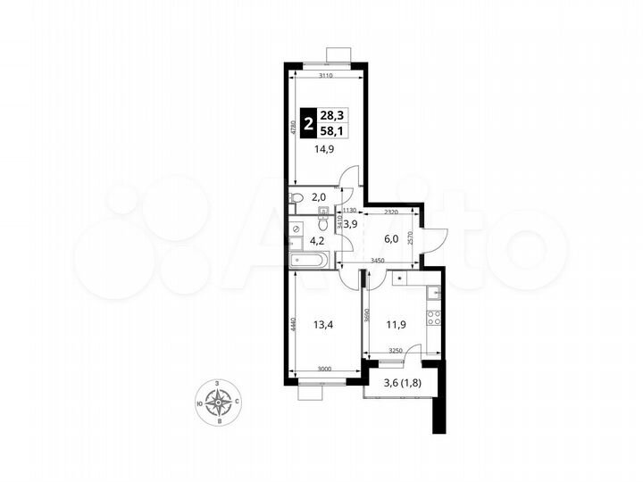 2-к. квартира, 58,1 м², 16/16 эт.