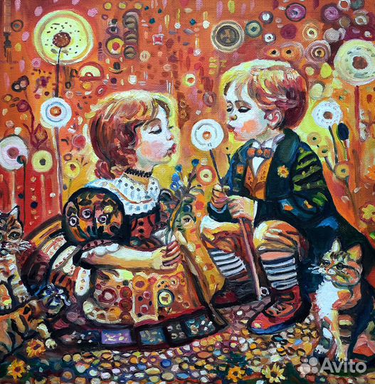 Дети с одуванчиками картина маслом 30* 30 см холст