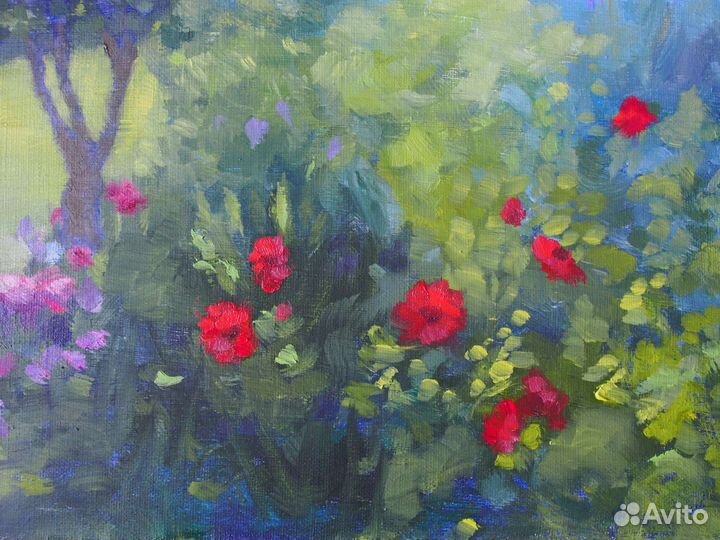 Картина маслом на холсте пейзаж с цветами 