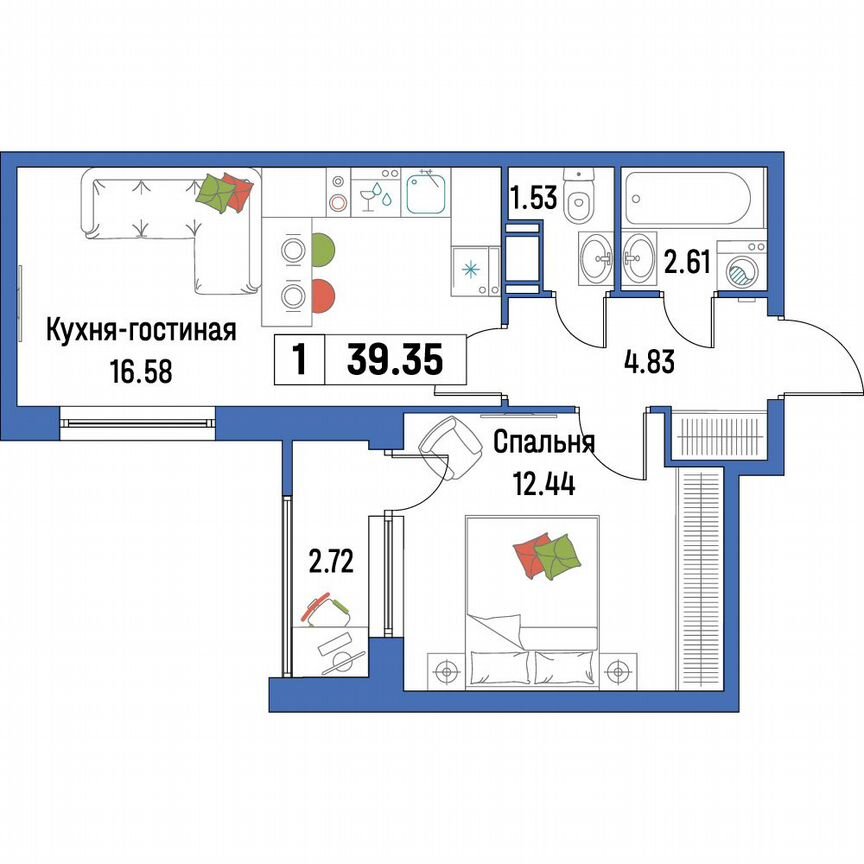 1-к. квартира, 39,4 м², 4/16 эт.
