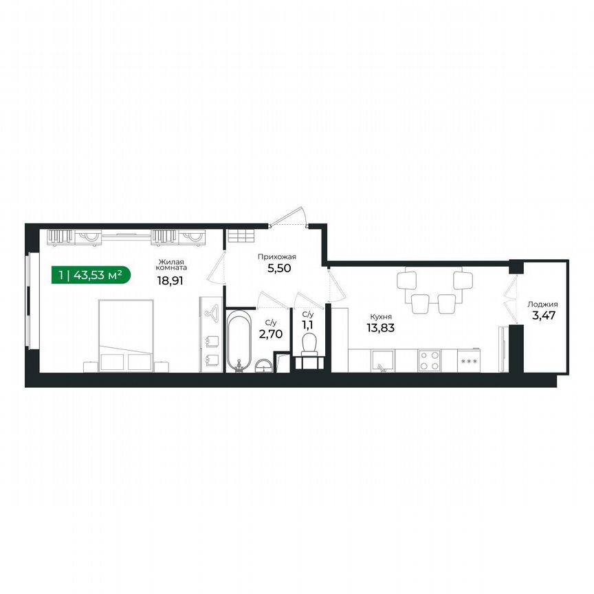 1-к. квартира, 43,5 м², 3/8 эт.