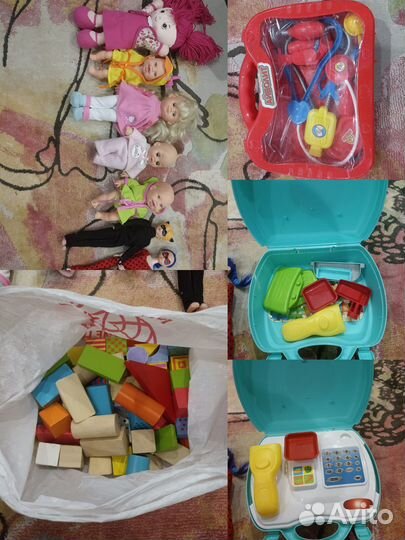 Игрушки: куклы, деревянные кубики, касса, набор до