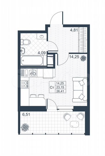 Квартира-студия, 26,4 м², 6/9 эт.