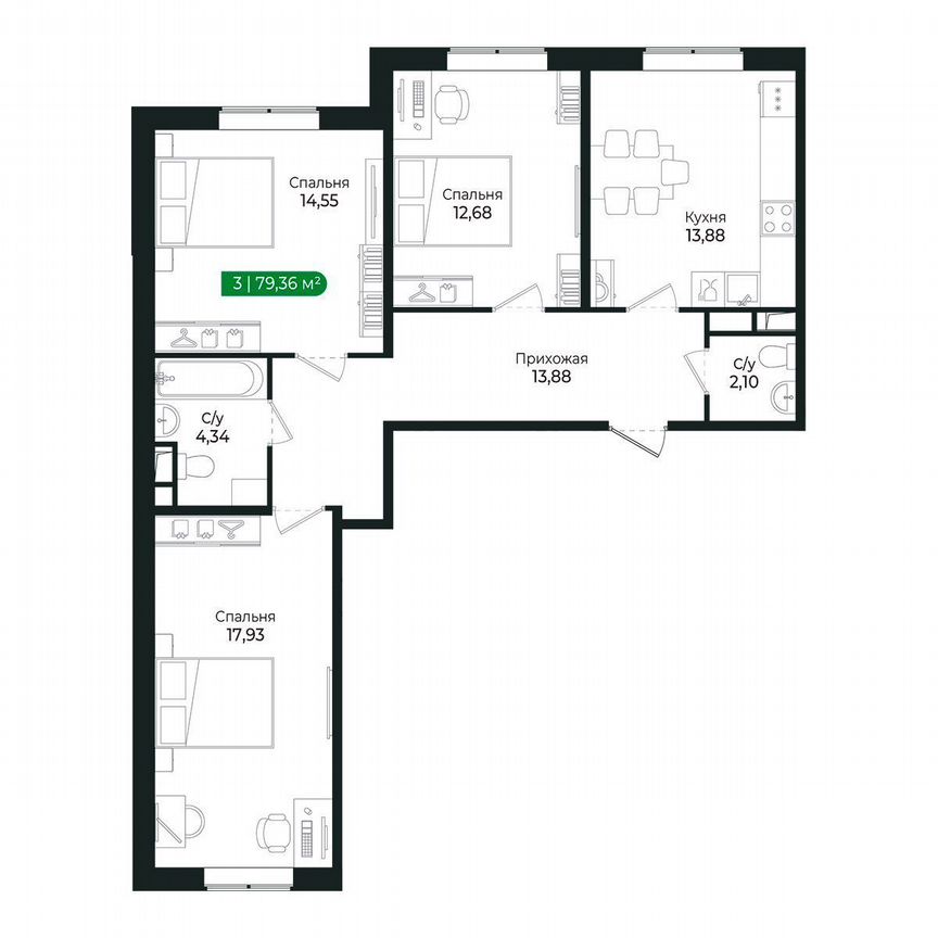 3-к. квартира, 79,4 м², 2/8 эт.