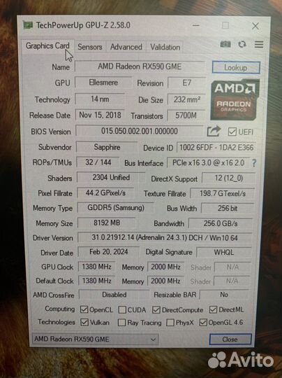 Видеокарта Sapphire RX590gme Nitro+ SE