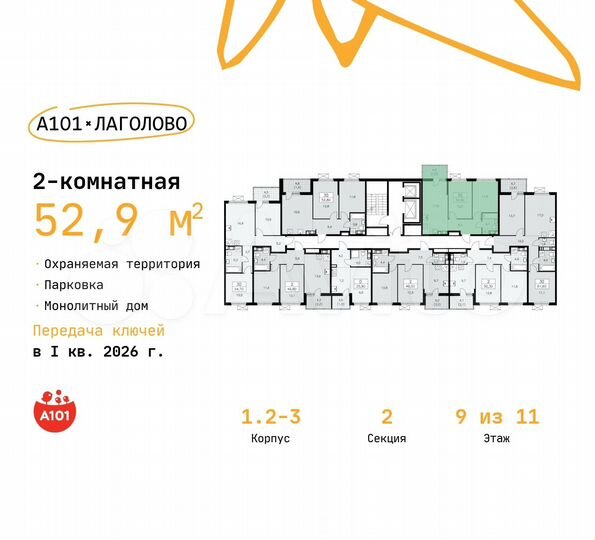 2-к. квартира, 52,9 м², 9/11 эт.