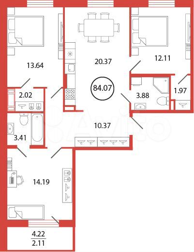 3-к. квартира, 84,1 м², 8/12 эт.