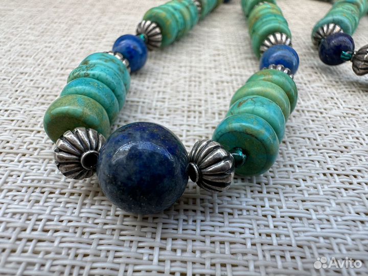 Ожерелье бусы бирюза лазурит серебро 925 винтаж