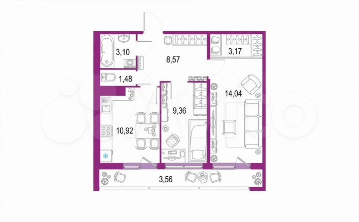 2-к. квартира, 52 м², 12/22 эт.